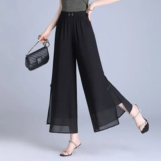 Pantalon Large Femme Chiffon Taille Haute Été Léger 7/8 Noir | MDN