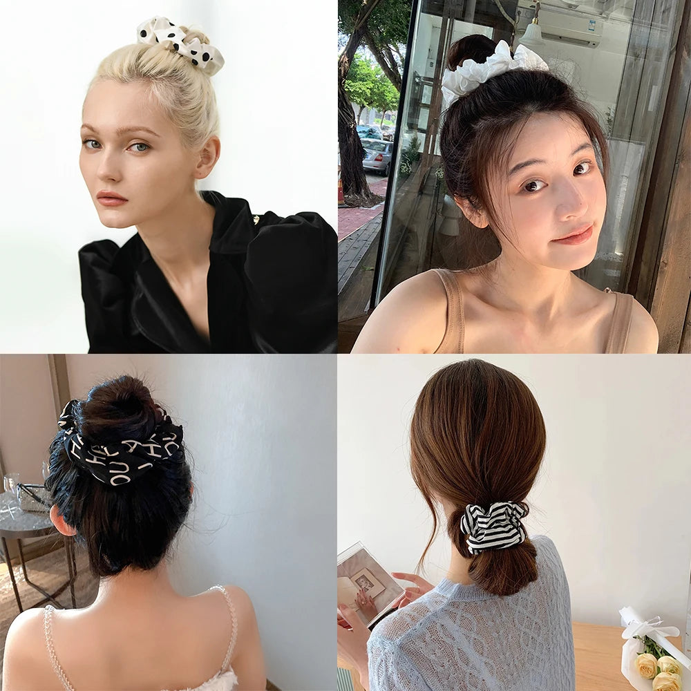 Lot de 3-5 Chouchous Satin Noir et Blanc - Élastiques Cheveux Élégants | MDN Store