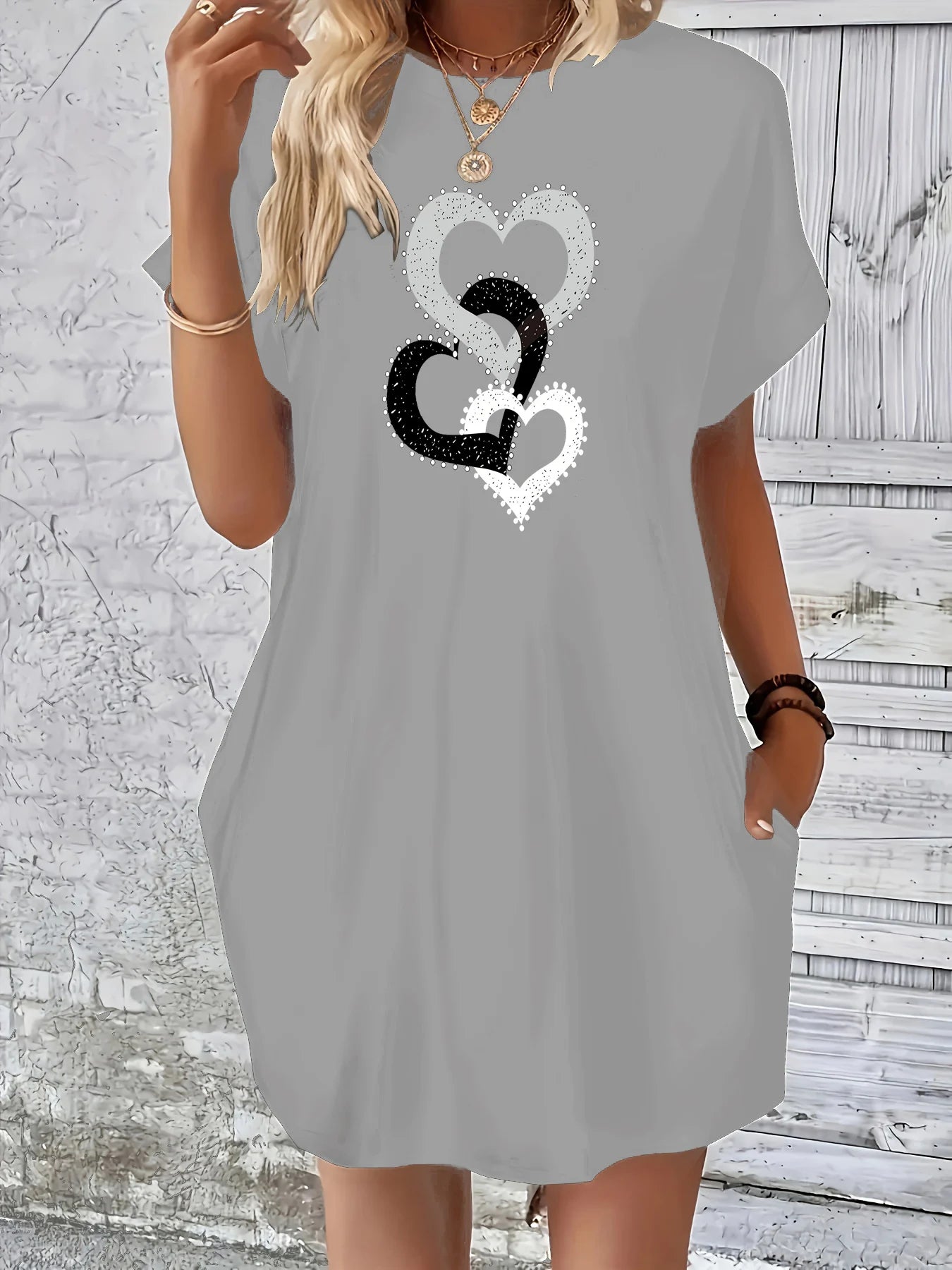 Robe T-Chemise Coeur Imprime Poches Grande Taille | MDN Store