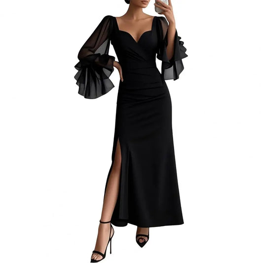 Robe Longue Col V Manches Ballon | MDN