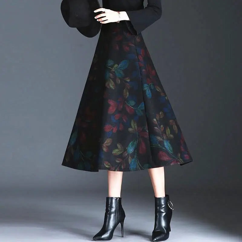 Jupe Midi Femme Laine Imprimée Taille Haute - Automne Hiver A-line | MDN Store