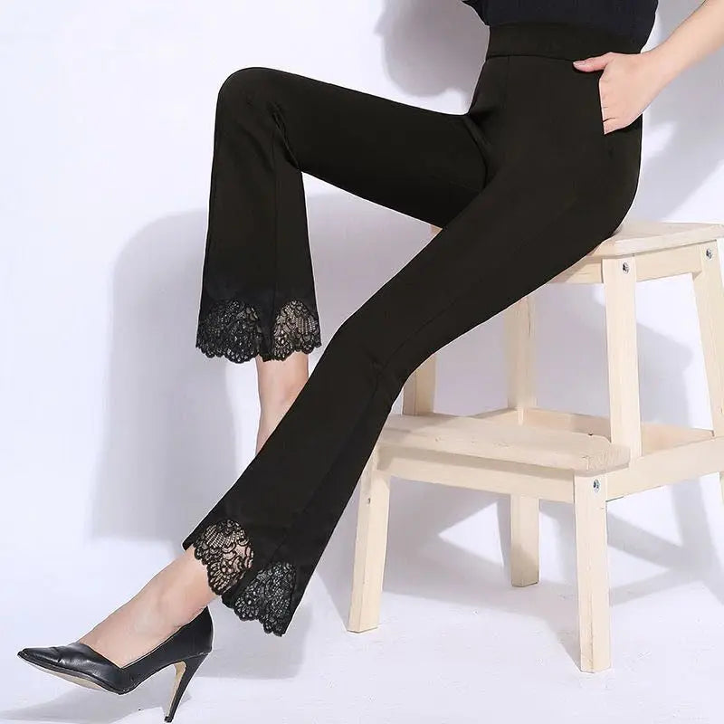 Pantalon Évasé Taille Haute Noir Dentelle Femme Élégant | MDN Store