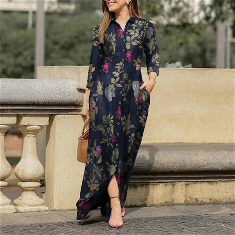 Robe Longue Imprimee Col Chemise Boutonnee Élégante | MDN Store