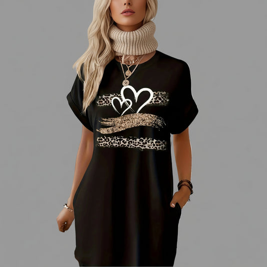 Robe T-Shirt Imprimée Cœur Manches Courtes Noire | MDN