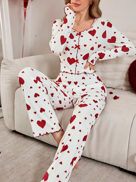Pyjama Femme 2 Pièces Cœurs Manches Longues | MDN