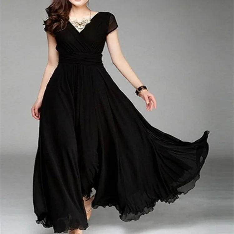 Robe Longue Femme Mousseline Manches Courtes Soiree Élégante | MDN Store