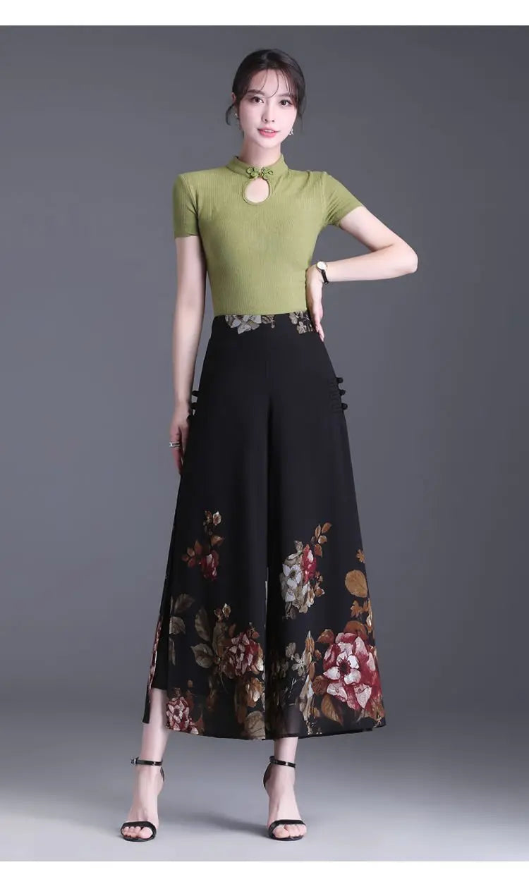 Pantalon Grande Femme Mousseline Floral Noir Jaune | MDN Store