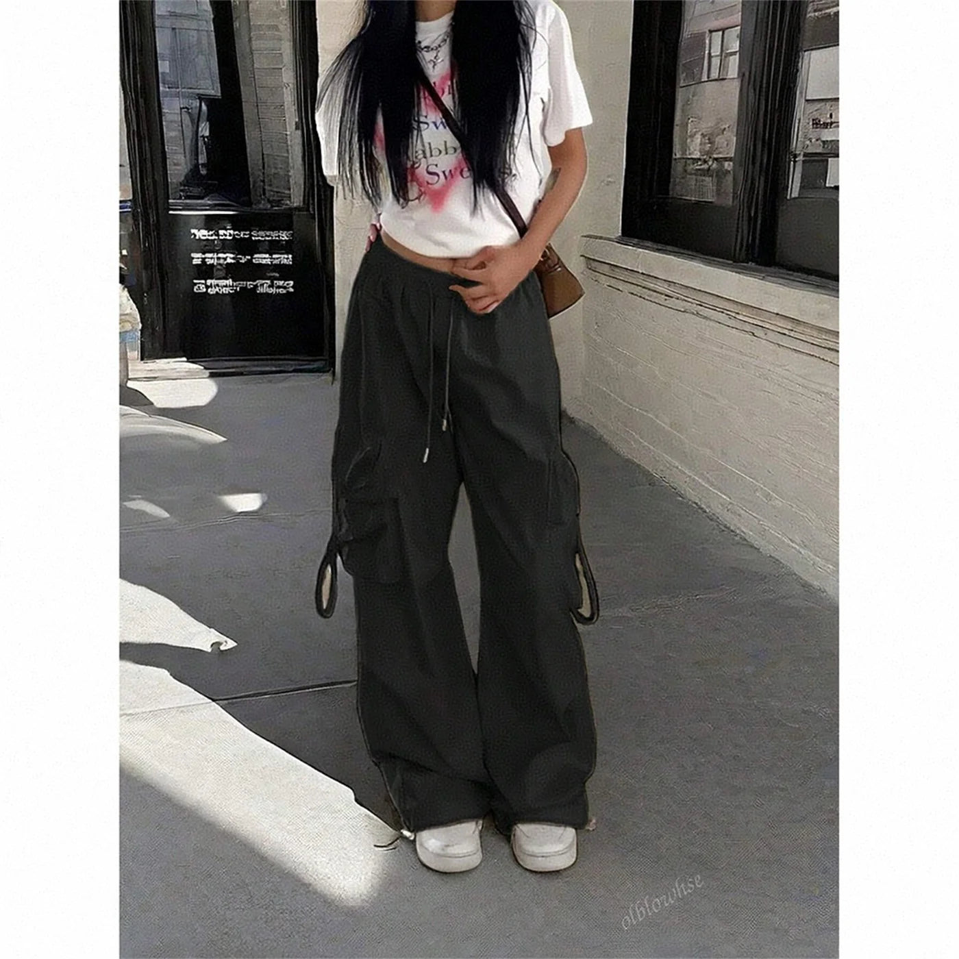Oversized Pocket High Street Pant Black Vintage High Waist Femme's Pants... | MDN Store