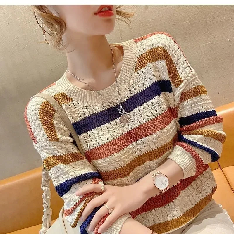 Pull Femme Raye Ajoure Court Ample Fit Manches Chauve-Souris 3 Coloris | MDN Store