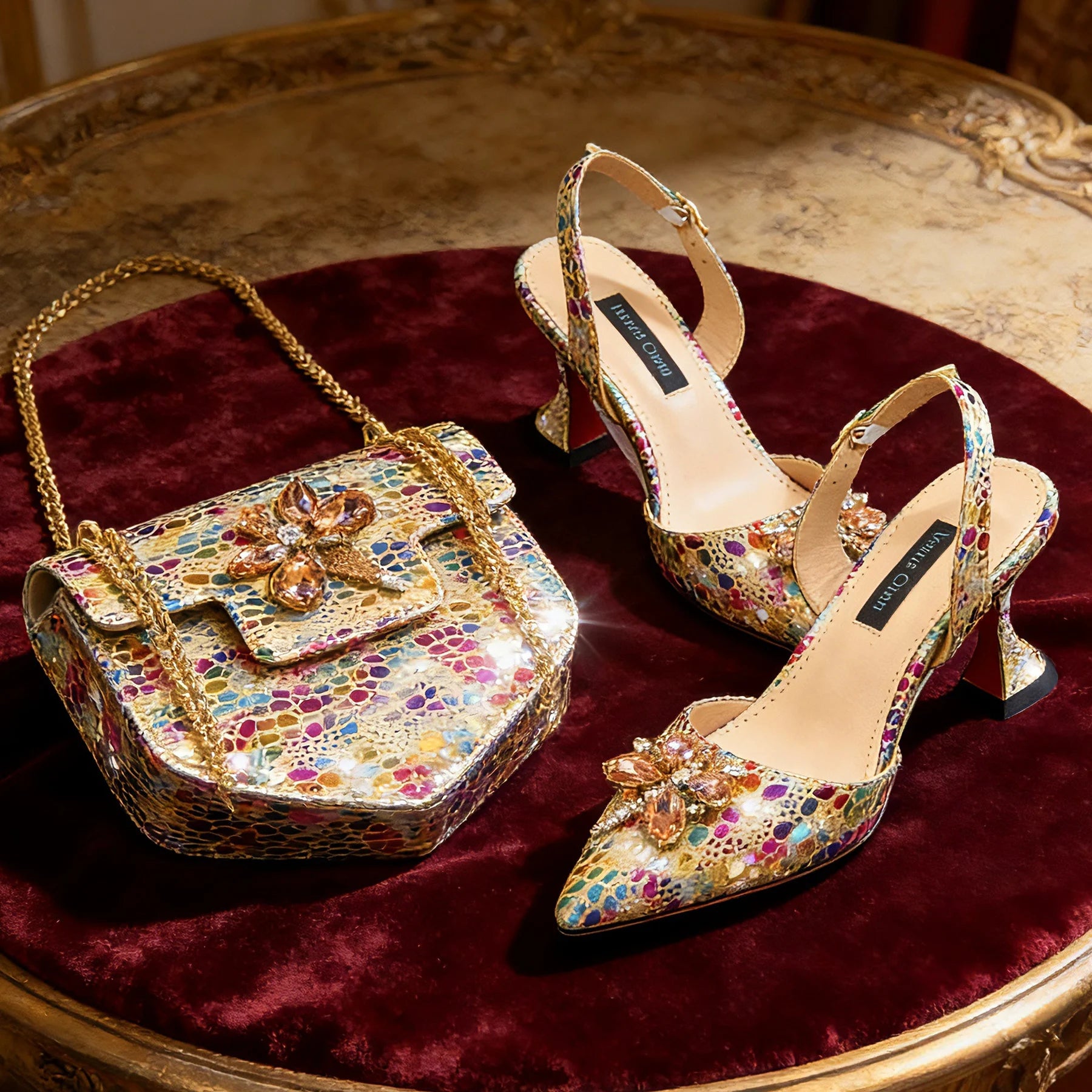 Escarpins Dorés Strass Bout Pointu Femme Soirée Banquet | MDN Store 25