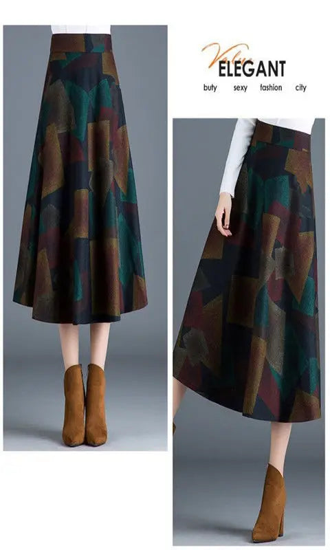 Jupe Midi Femme Laine Imprimée Taille Haute - Automne Hiver A-line | MDN Store