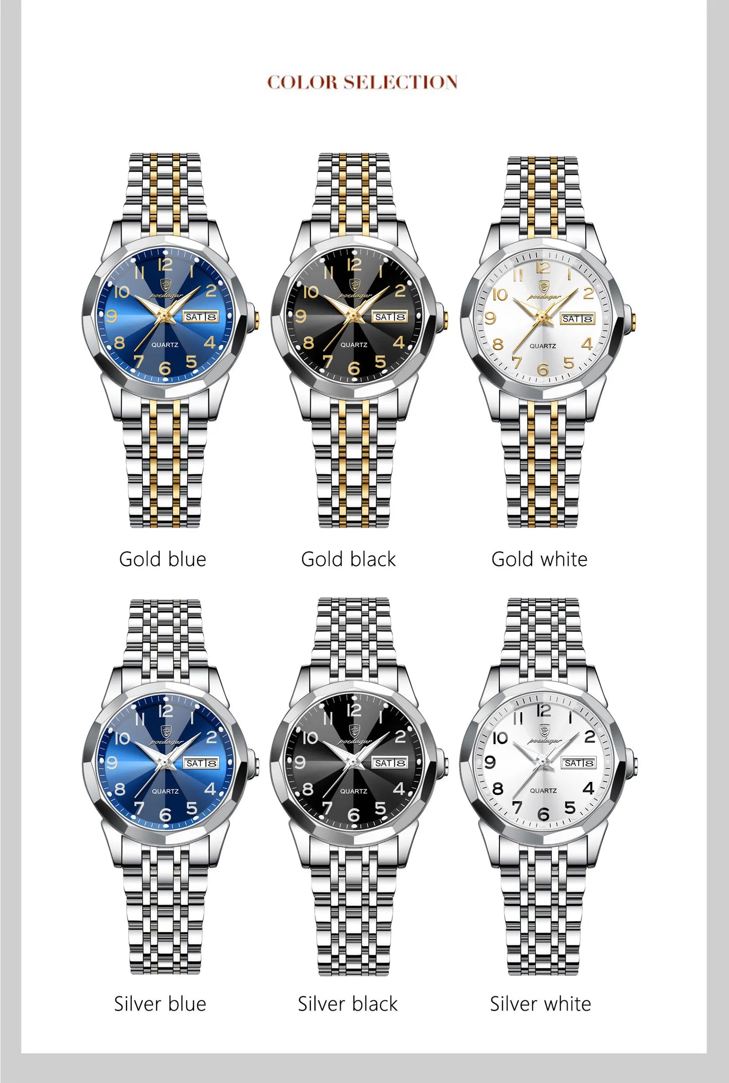 Montre Femme POEDAGAR Acier Inoxydable - Étanche Lumineuse Date Semaine Quartz | MDN