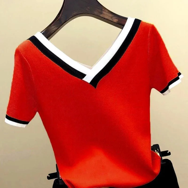 T-Chemise Col V Rayé Femme | MDN Store