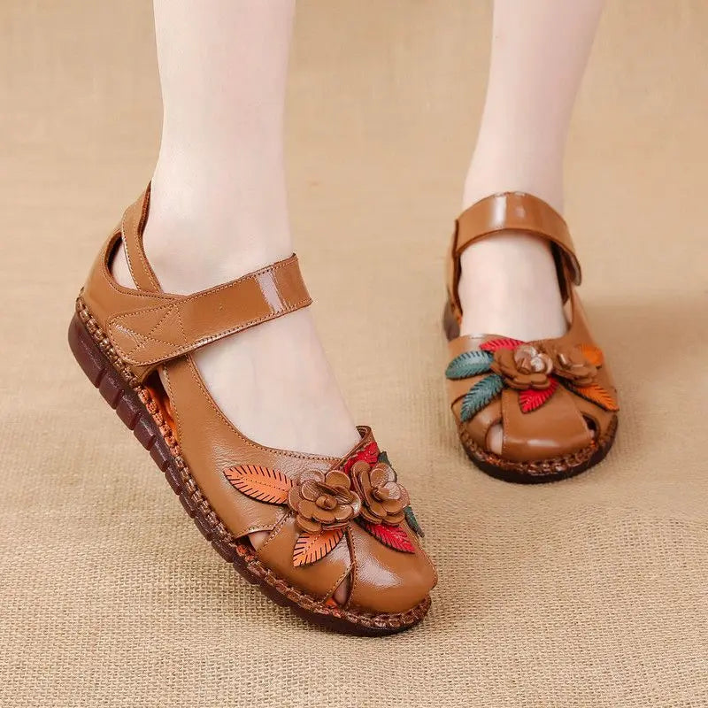 Sandales Cuir Plates Florales Lorilury | MDN