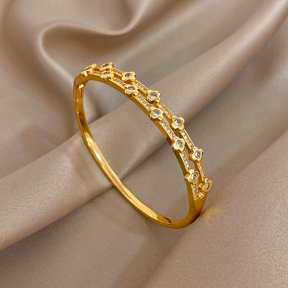 Bracelet Manchette Femme Homme Acier Inoxydable Strass Fleurs | MDN Store