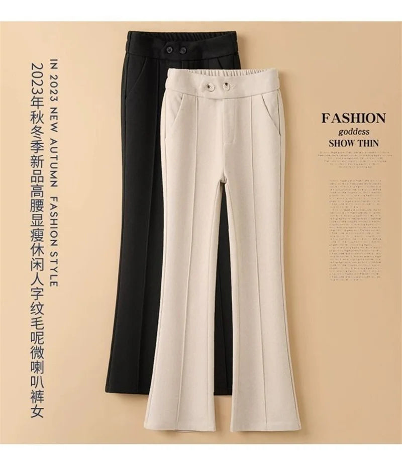 Pantalon Femme Laine Évasé Taille Haute - Bureau Chaud Automne Hiver | MDN