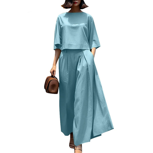 Ensemble Blouse 3/4 & Pantalon Large Paisley Bleu | MDN