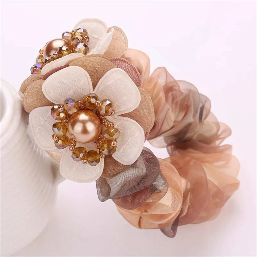 Chouchou Perle Brillante Fleur Organza Transparent - Élastique Cheveux Fille... | MDN Store
