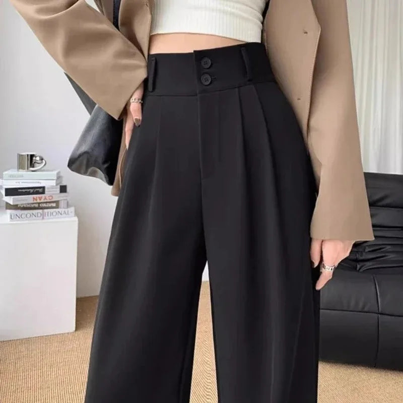 Pantalon Femme Large Taille Haute Coréen - Baggy Bureau Élégant Streetwear Noir | MDN