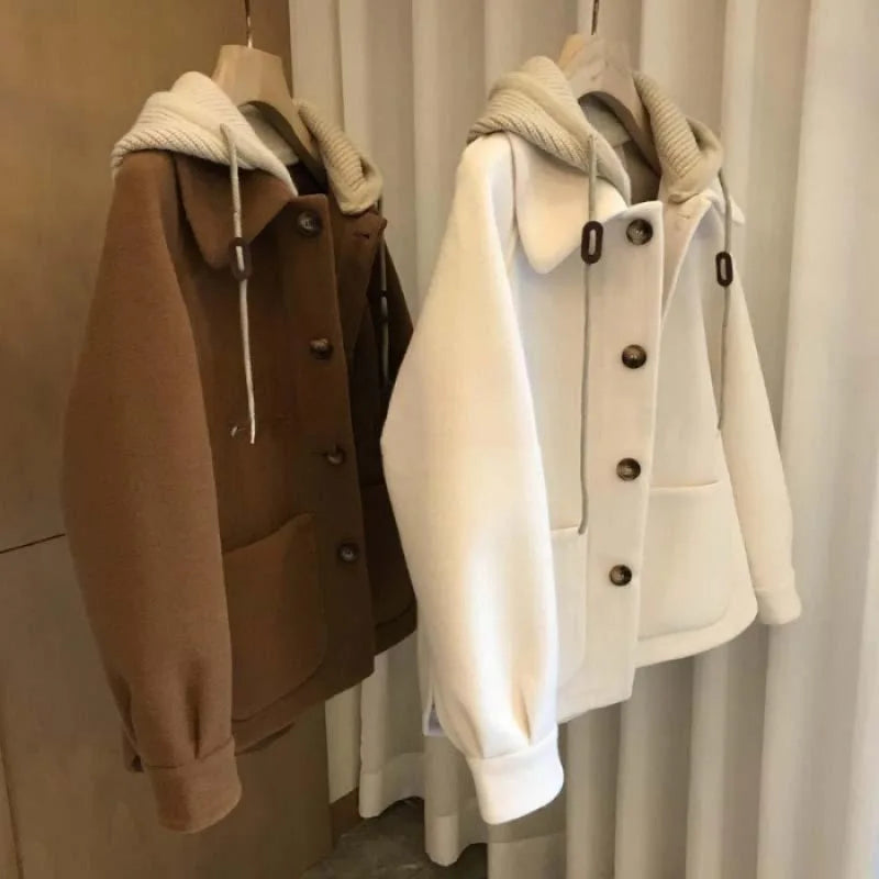 Manteau Laine Femme Capuche Epais Faux Deux Pieces | - MDN Store 25