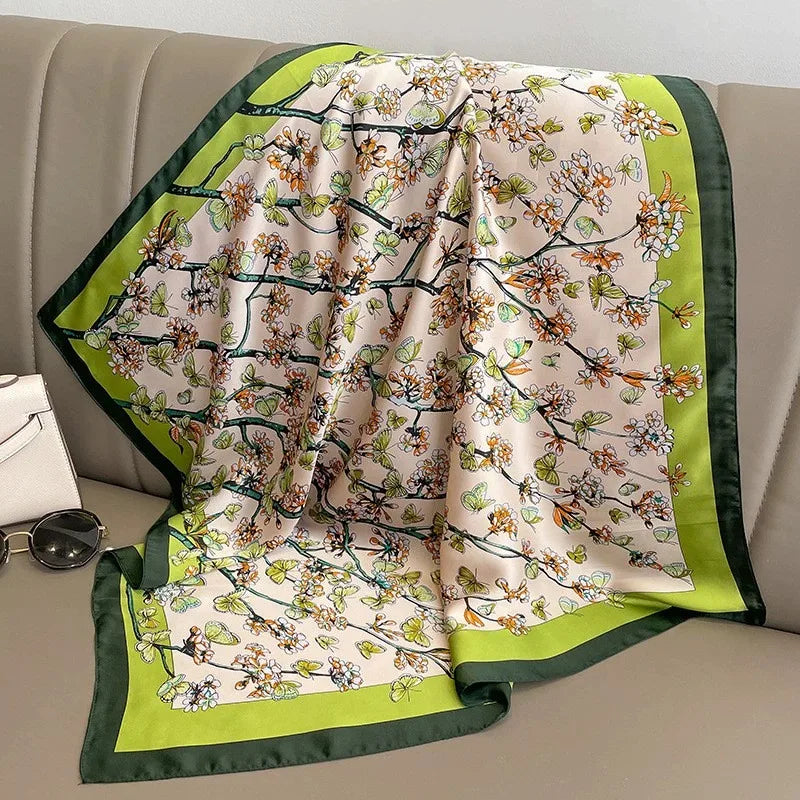 Foulard Carré Soie Floral Papillon Vert 70cm Femme | MDN Store