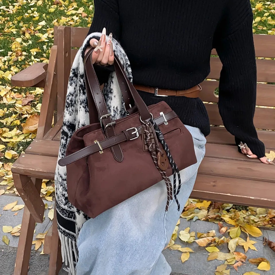 Sac à Main Femme Cuir Daim Boucle Ceinture Grande Capacité Hiver - MDN