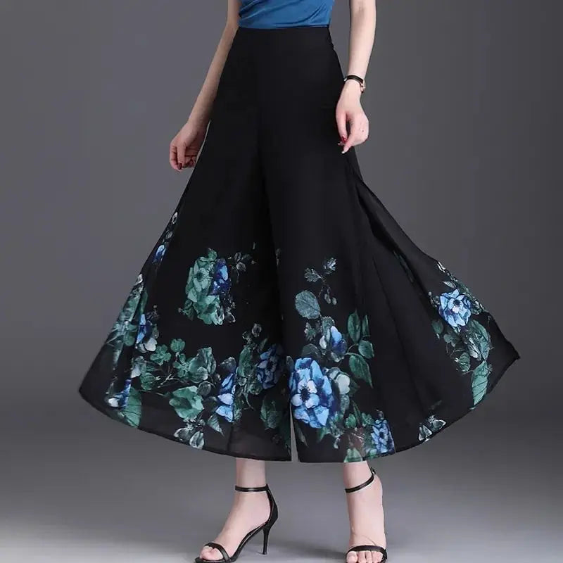 Pantalon Grande Femme Mousseline Floral Noir Jaune | MDN Store