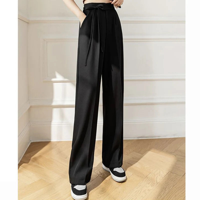 Pantalon Femme Taille Haute Lacets - Jambe Droite Costume Bureau Chic Kaki | MDN Store