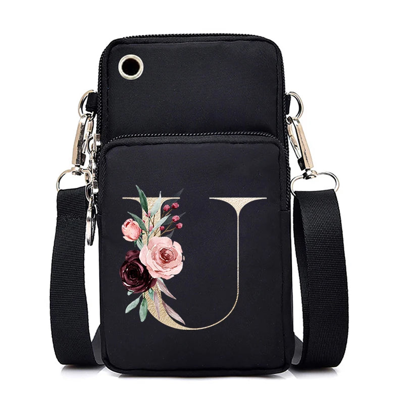 Sac à Main Bandoulière Lettre Initiale Fleurs Roses - Mini Sac Téléphone Femme | MDN