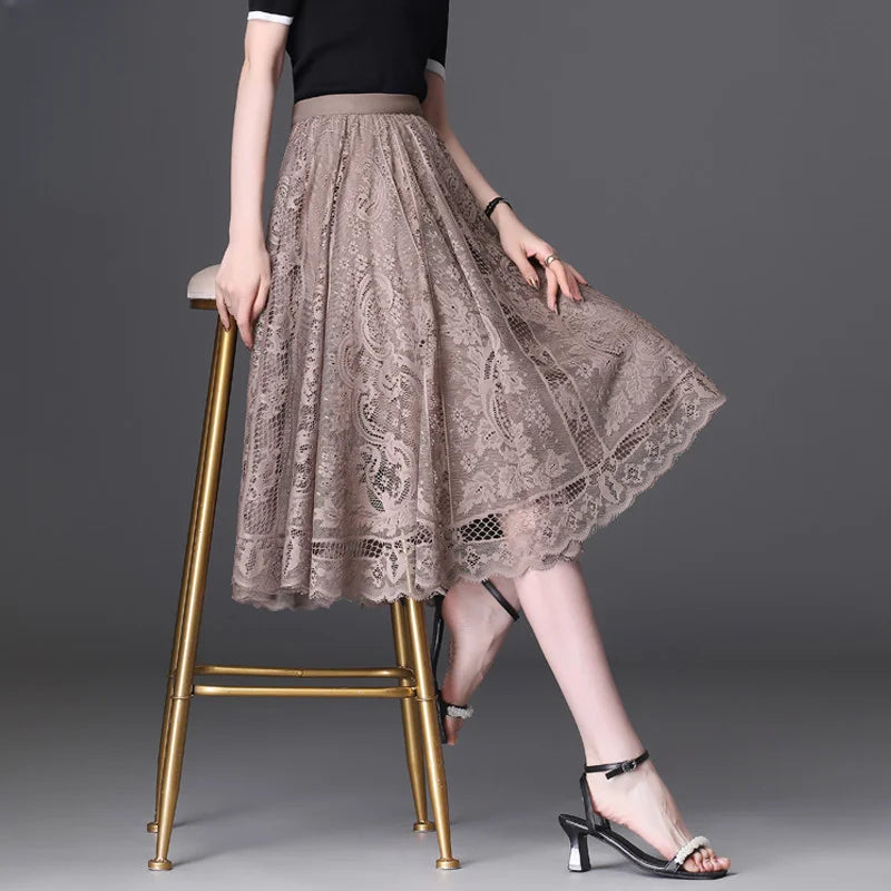 Jupe Longue Dentelle Plissée Taille Haute | MDN Store