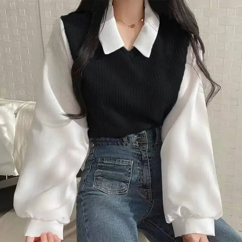 Été Blouse Femme Korean Style False Two-piece Polo Col Blouses Y2k... | MDN Store