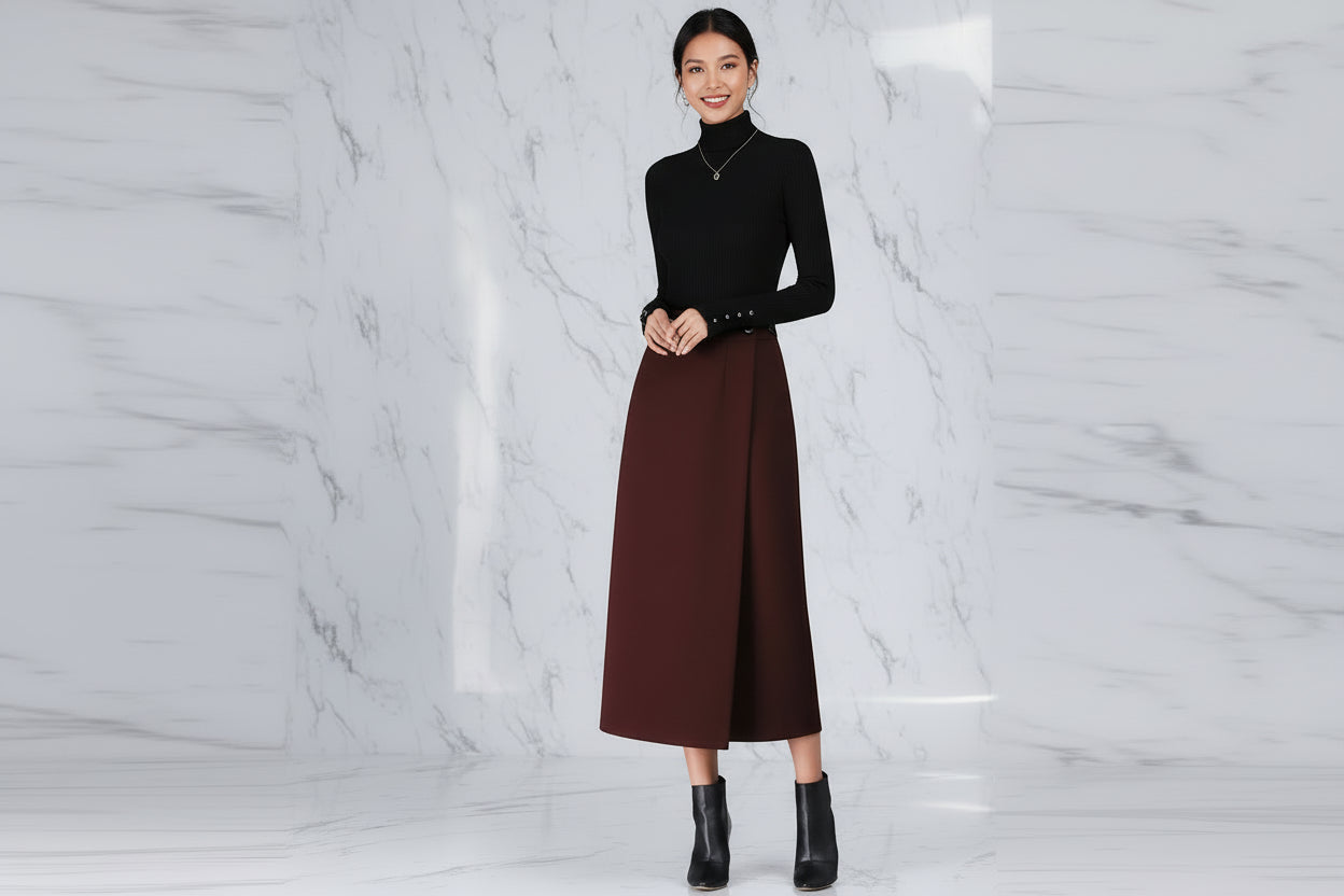 Jupe Droite Fendue en Laine Élégante Automne-Hiver | MDN Store