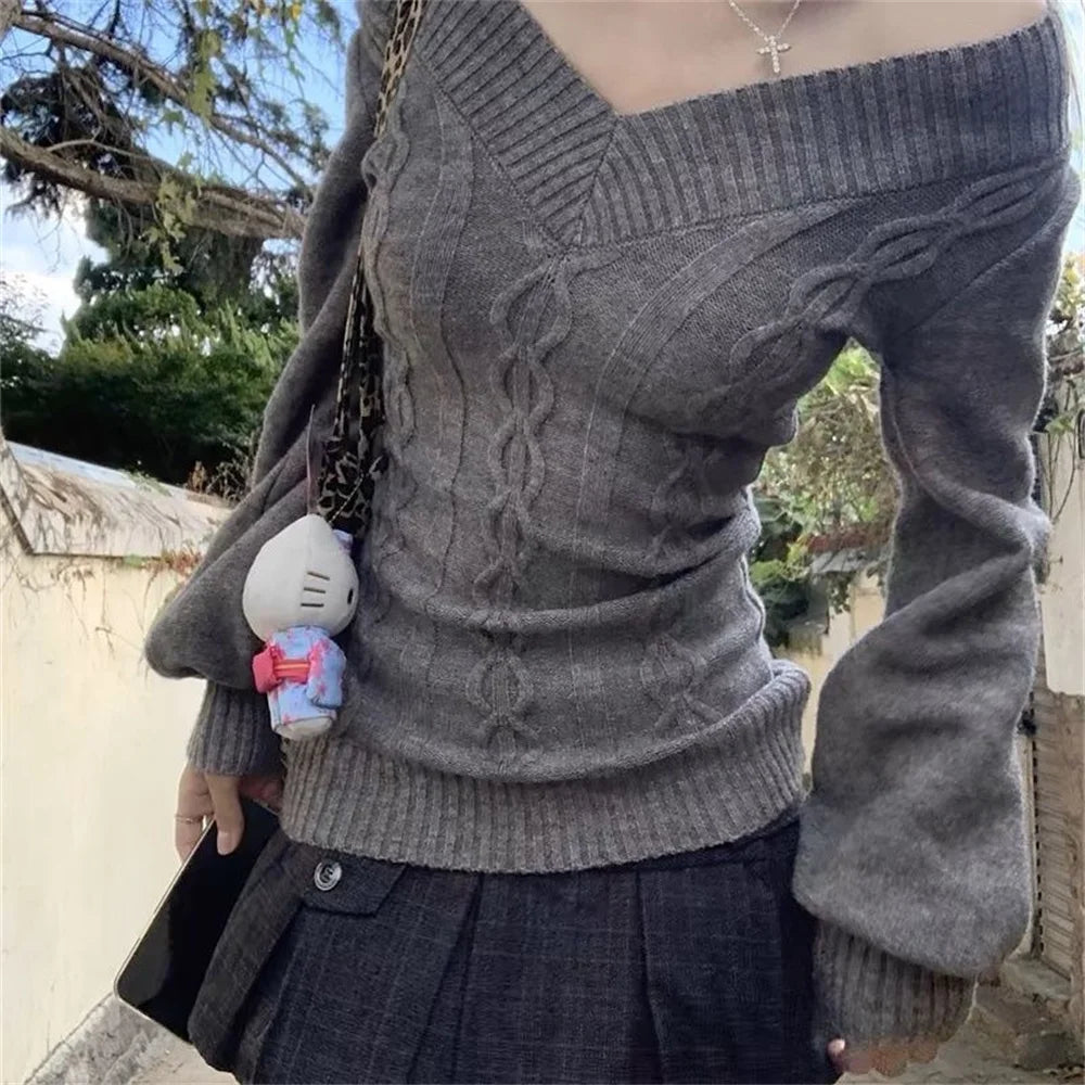 Pull Femme Col V Manches Longues Slim Ajusté Style Vintage 2 Coloris | MDN Store