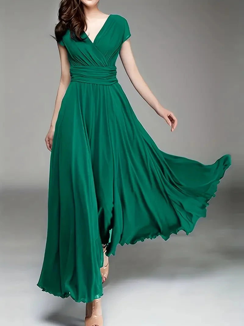 Robe Longue Femme Mousseline Vert Foncé Manches Courtes Soirée | MDN
