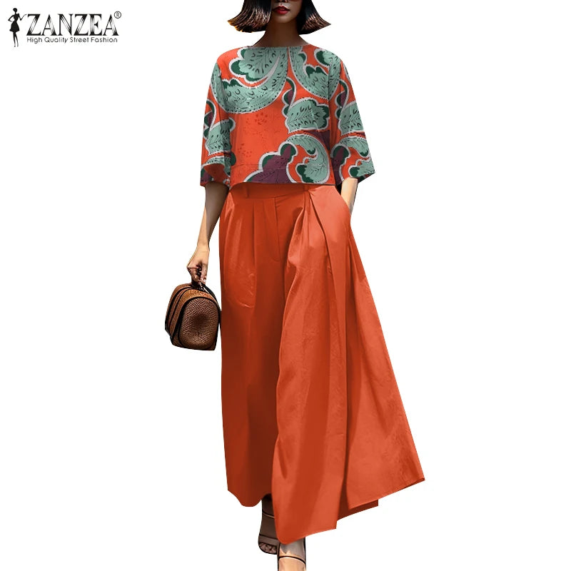 Ensemble Blouse 3/4 & Pantalon Large Paisley Bleu | MDN