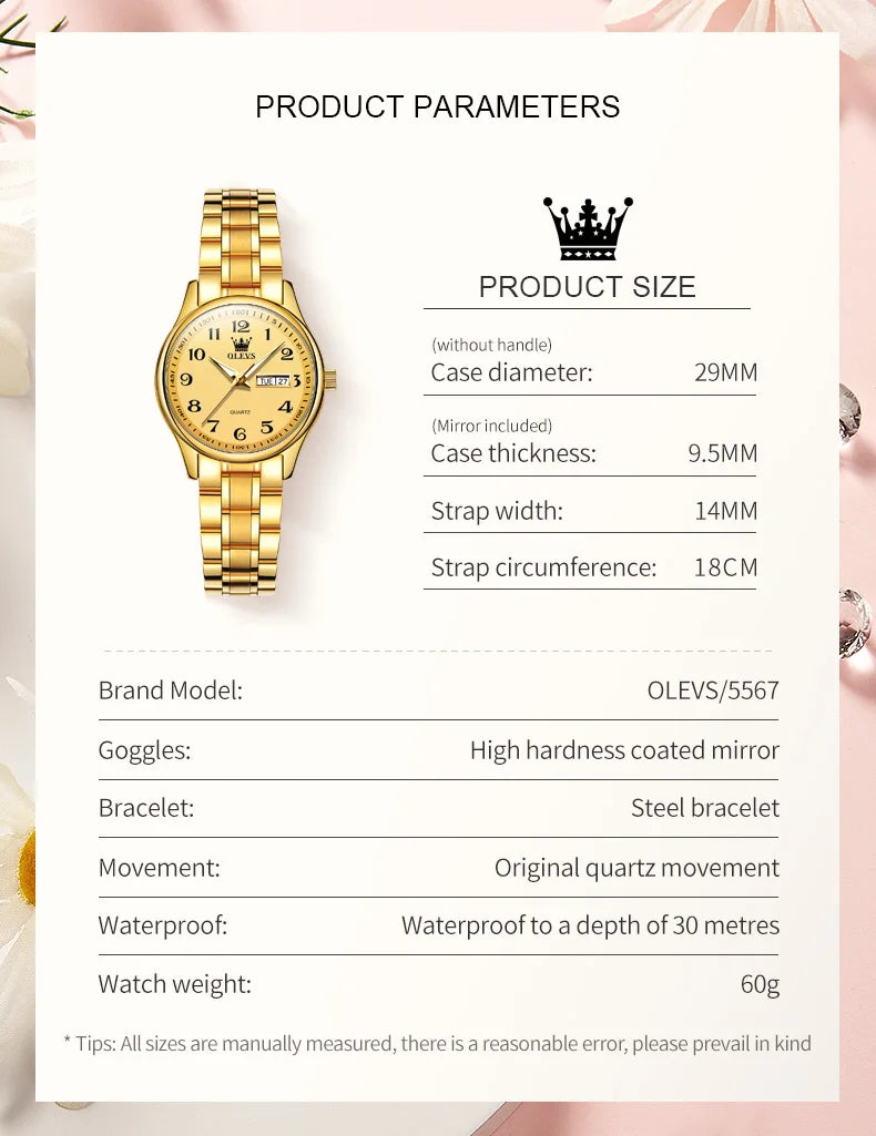 Montre Quartz Femme Elegante Acier Inoxydable Lumineuse Date Semaine | MDN Store 25