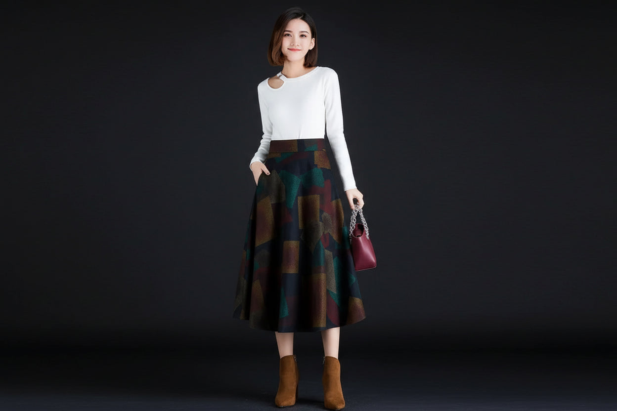 Jupe Midi Femme Laine Imprimée Taille Haute - Automne Hiver A-line | MDN Store