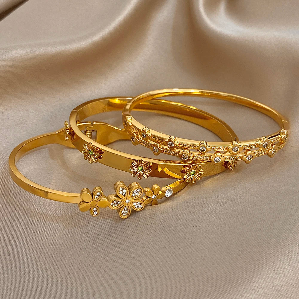 Bracelet Manchette Femme Homme Acier Inoxydable Strass Fleurs | MDN Store