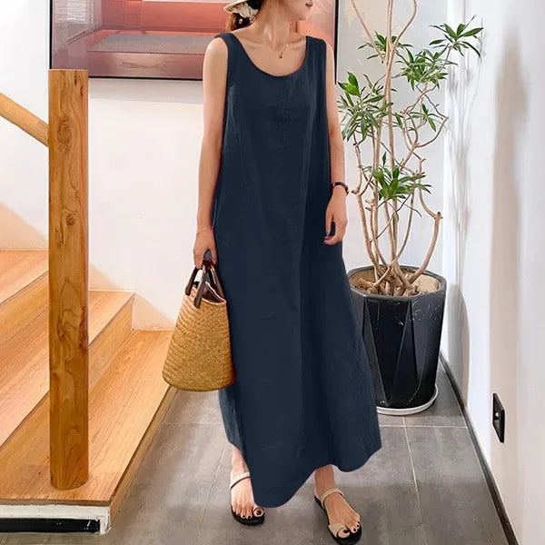 Robe Longue Lin Coton Sans Manches Poches Été | MDN Store