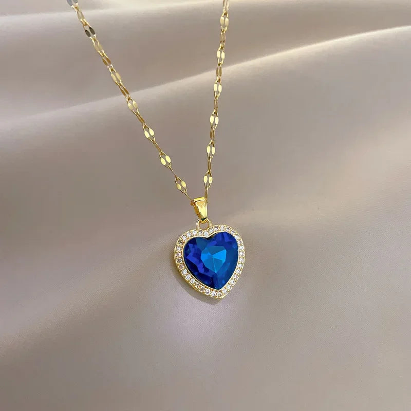Collier Cœur Acier Inoxydable Zircon Bleu Femme | MDN