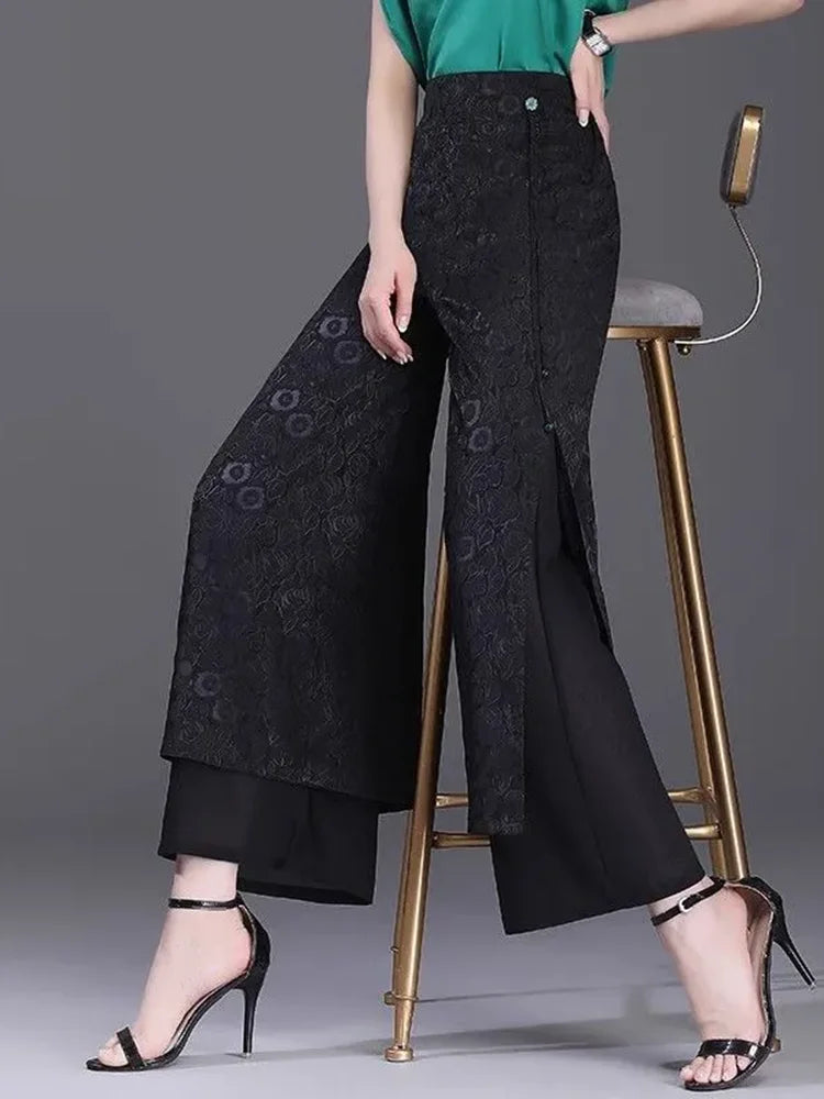 Pantalon Large Taille Haute Jacquard Noir | MDN Store
