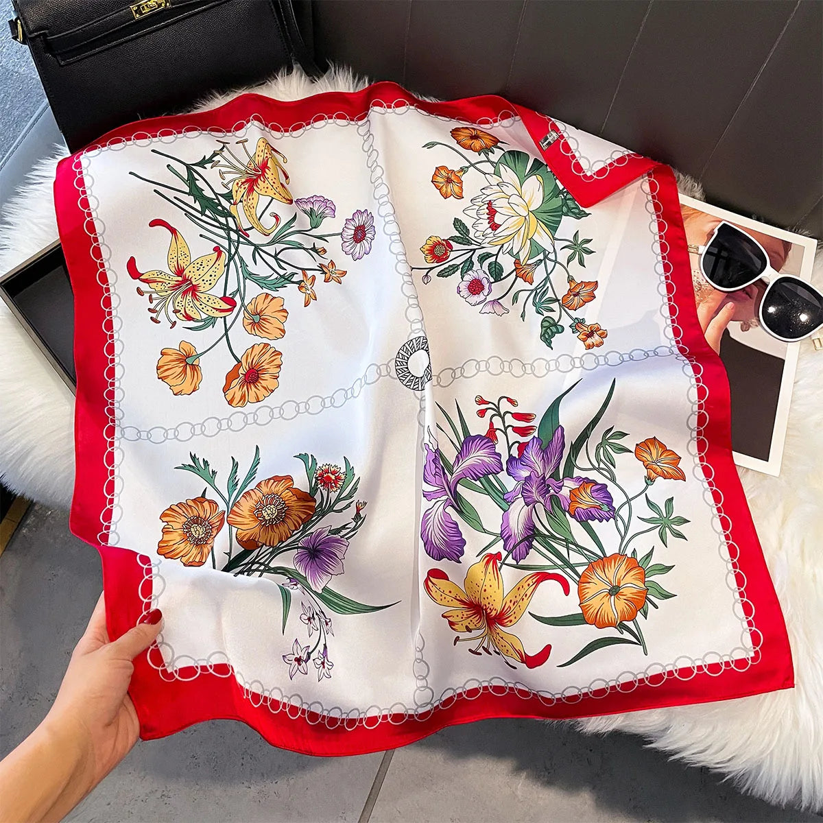 Foulard Carré Soie Floral Rose Femme 70cm | MDN Store