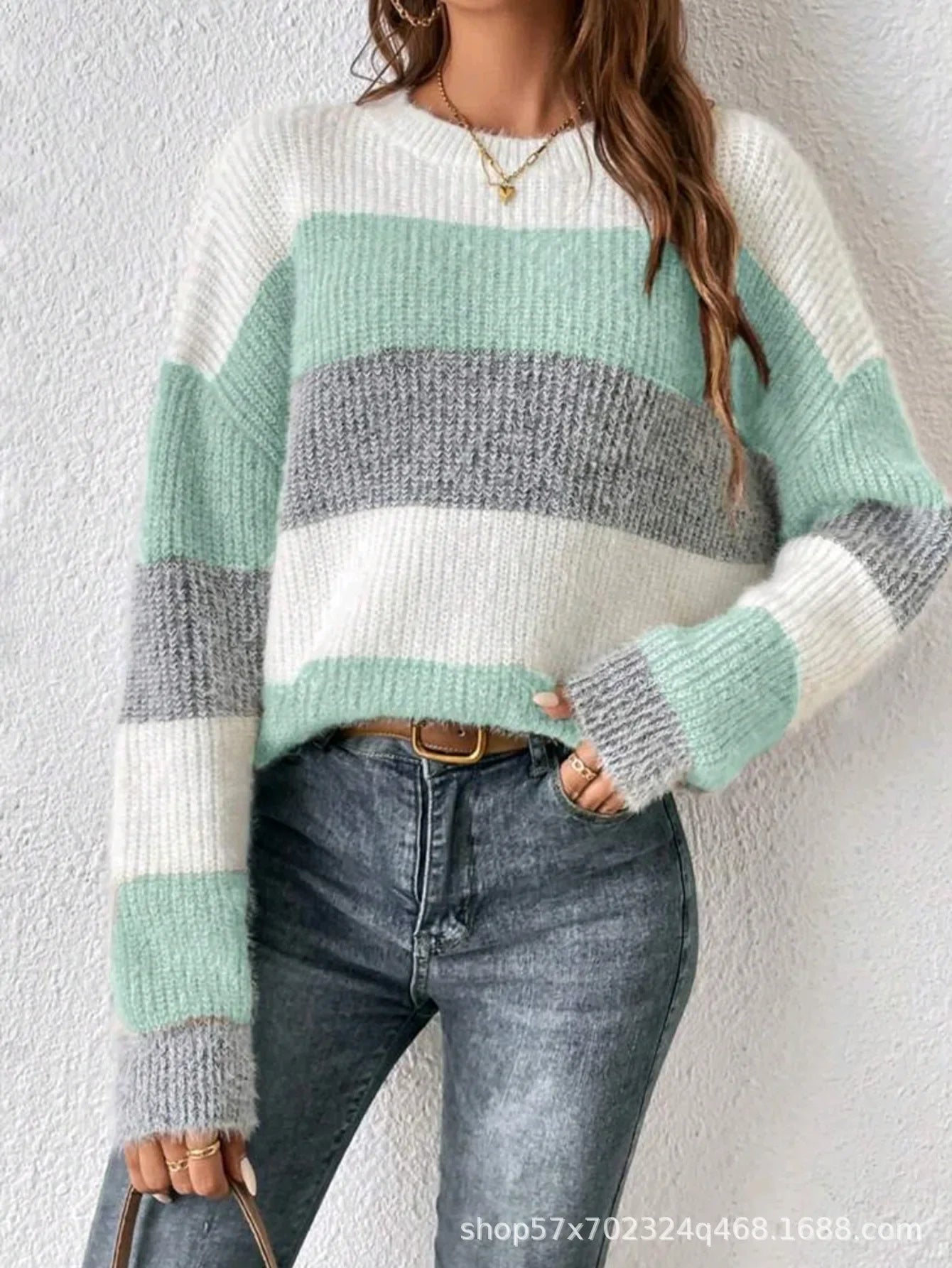 Pull Femme Rayé Col Rond Loose Fit Hiver Épais | MDN