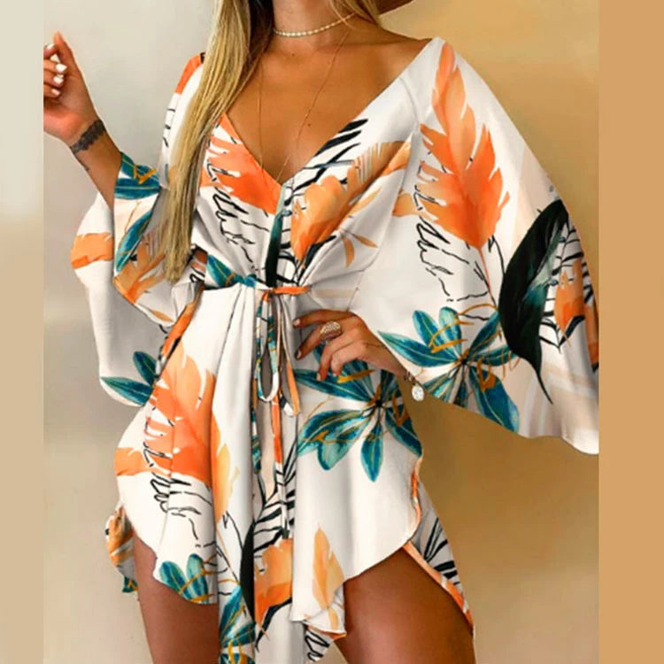 Robe Kimono Plage Femme Imprime Floral Col en V Manches Chauve-Souris | MDN Store 25