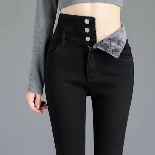 Jean Skinny Femme Doublé Polaire Taille Haute Hiver Chaud Noir | MDN