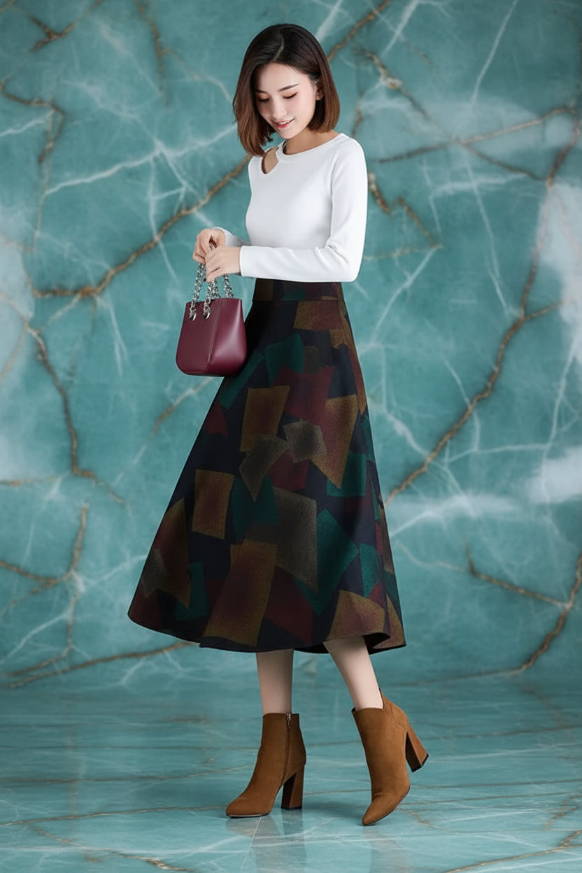 Jupe Midi Femme Laine Imprimée Taille Haute - Automne Hiver A-line | MDN Store