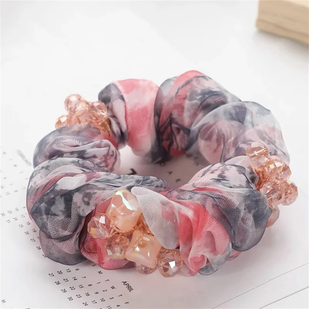 Chouchou Perle Brillante Fleur Organza Transparent - Élastique Cheveux Fille... | MDN Store