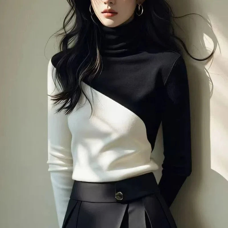 Pull Col Roule Femme Bicolore Noir Blanc Slim Bureau Elegant | MDN Store