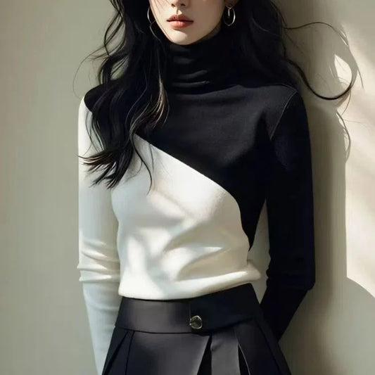 Pull Femme Slim Col Roulé Manches Longues Noir Blanc Bureau Automne Hiver | MDN