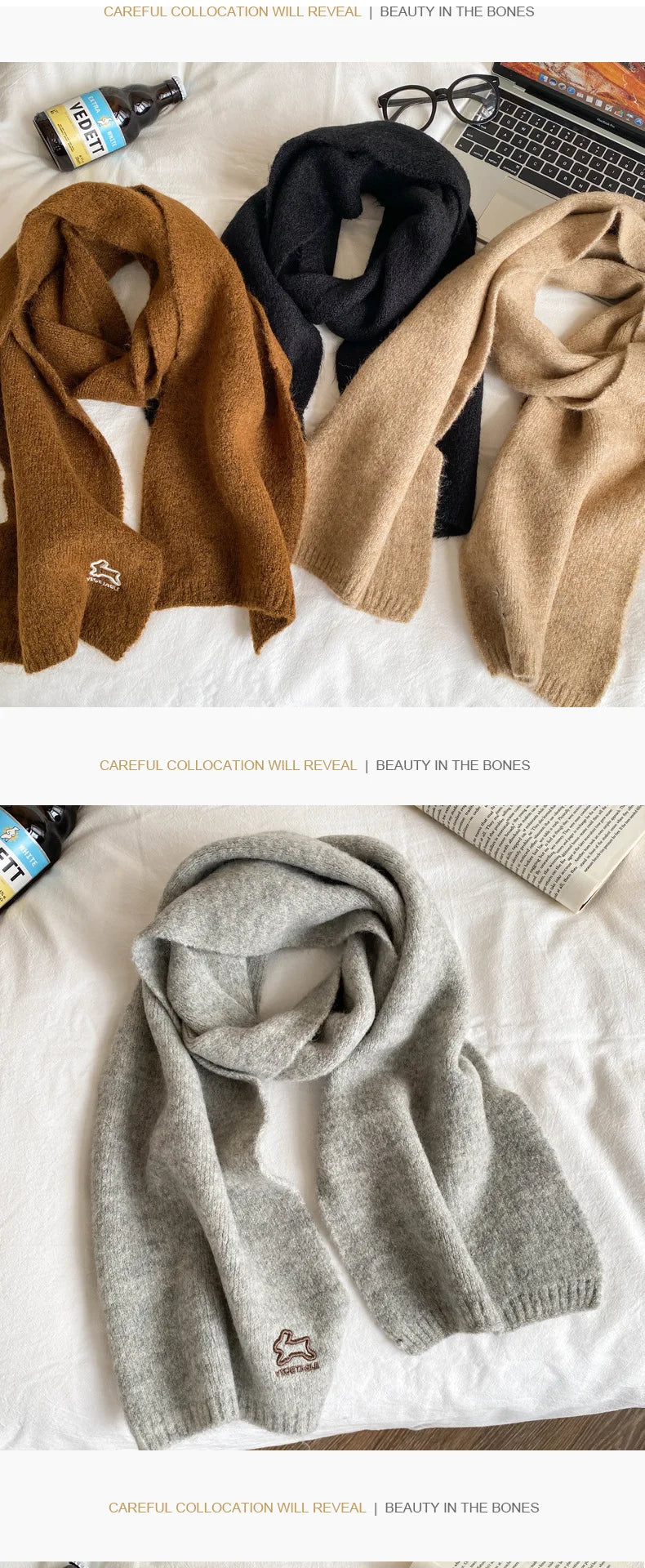 Écharpe Laine Lapin Brodé Beige | MDN